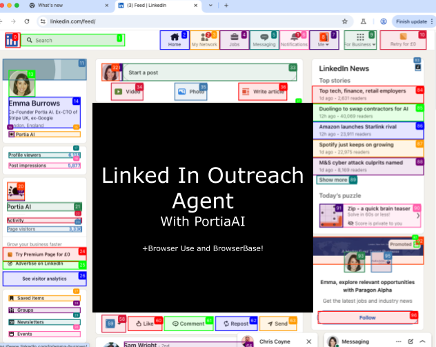 a screenshot of the browser, running in debug mode, with various elements of the page highlighted in different colours