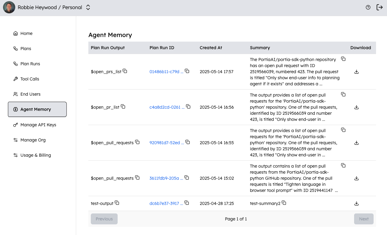 A screenshot of the Portia dashboard, showing memories from previous plan runs.